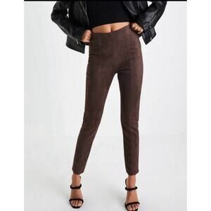 SAVVI Women's Elastic High Waisted Vegan Suede Ankle Leggings Size L Brown Pants